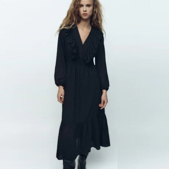 Zara Black Ruffle Tiered Midi Dress - Picture 10 of 13